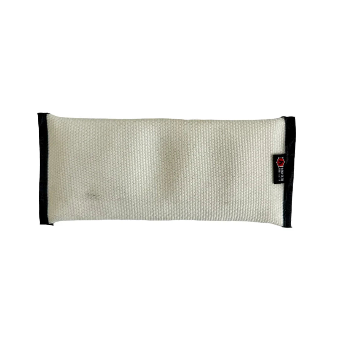 Recycled Firefighter recycled fire hose dog fetch toy in white, durable and flexible for playful outdoor fetch games.