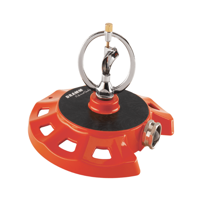 Red Dramm ColorStorm spinning sprinkler for watering lawns and gardens, designed by Rivendell Distribution.