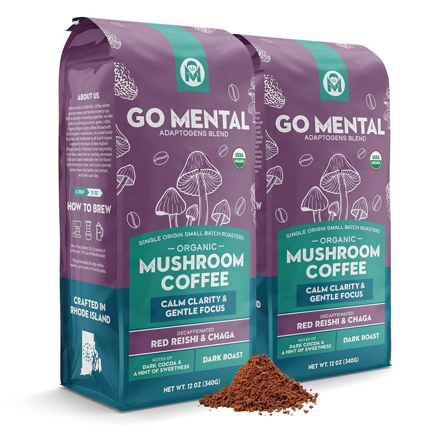 Decaffeinated Red Reishi and Chaga mushroom coffee adaptogens blend in a cup, highlighting herbal ingredients and rich coffee flavor.