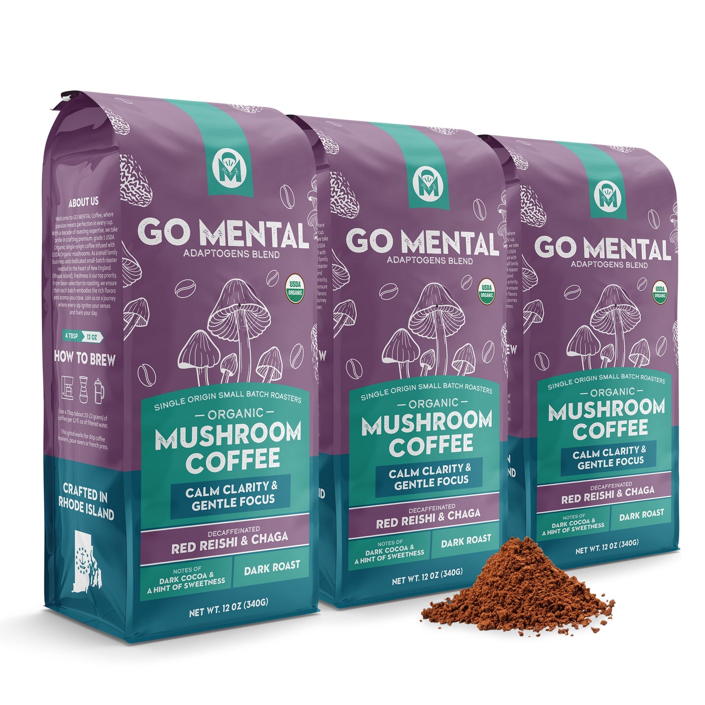 Decaffeinated Red Reishi and Chaga mushroom coffee adaptogen blend in a bag with loose coffee grounds and mushrooms.