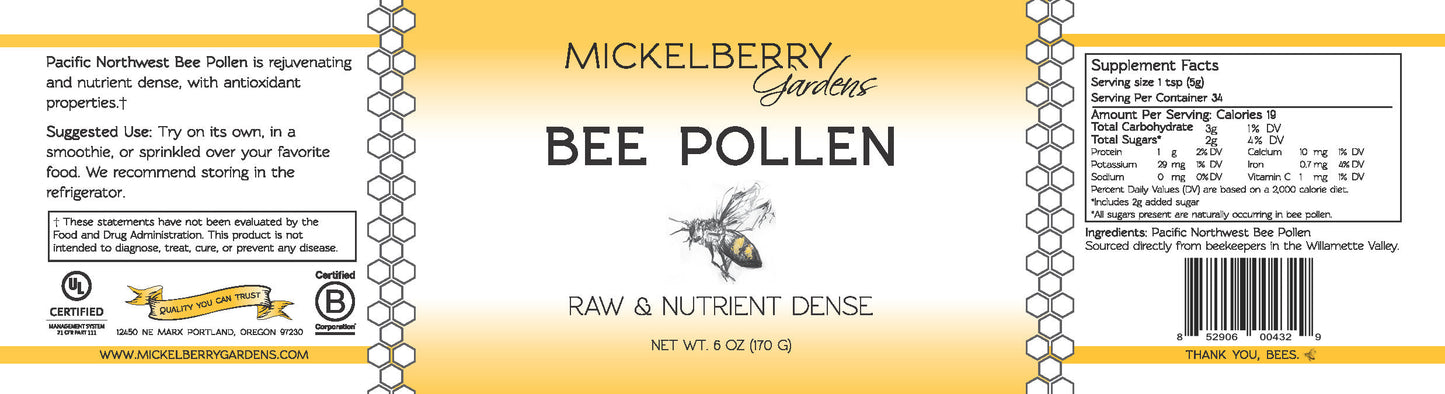 Jar of Mickelberry Gardens bee pollen showing fresh, golden granules with antioxidant properties, ideal for health and energy boost.
