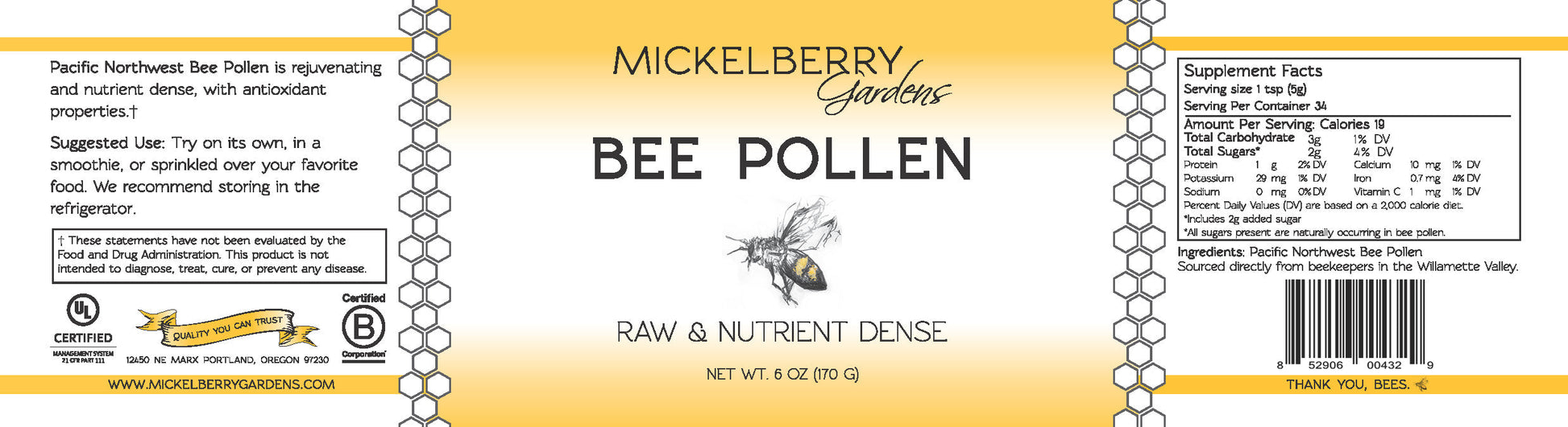 Jar of Mickelberry Gardens bee pollen showing fresh, golden granules with antioxidant properties, ideal for health and energy boost.