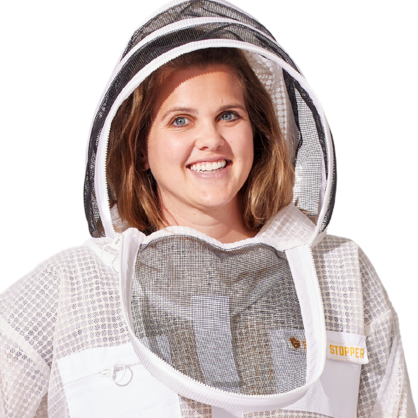 White Foxhound Bee Company beekeeping fencing veil, ventilated round protective beekeeping veil for safe hive access.
