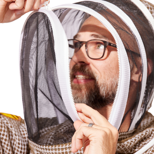 Olive green round fencing beekeeping veil with mesh ventilation by Foxhound Bee Company, protective headgear for beekeepers.