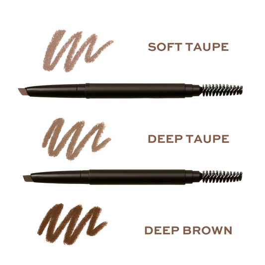 Taylor Made Organics retractable brow pencil with swatch samples showing natural brow enhancer shades and precise application tip.