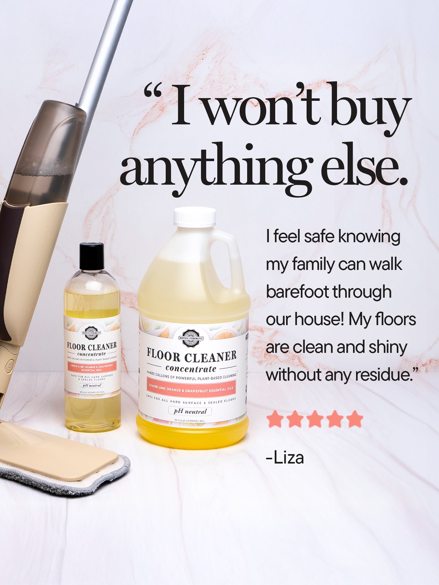 Rustic Strength lavender and lemon floor cleaner concentrate in a bottle, ready for mopping and floor cleaning.