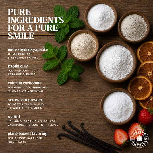 Remineralizing tooth powder with hydroxyapatite and xylitol by Revive Homestead, showing natural ingredients and packaging.
