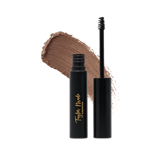Rich taupe Taylor Made Organics brow gel for tinting and taming eyebrows with a smooth, natural finish.