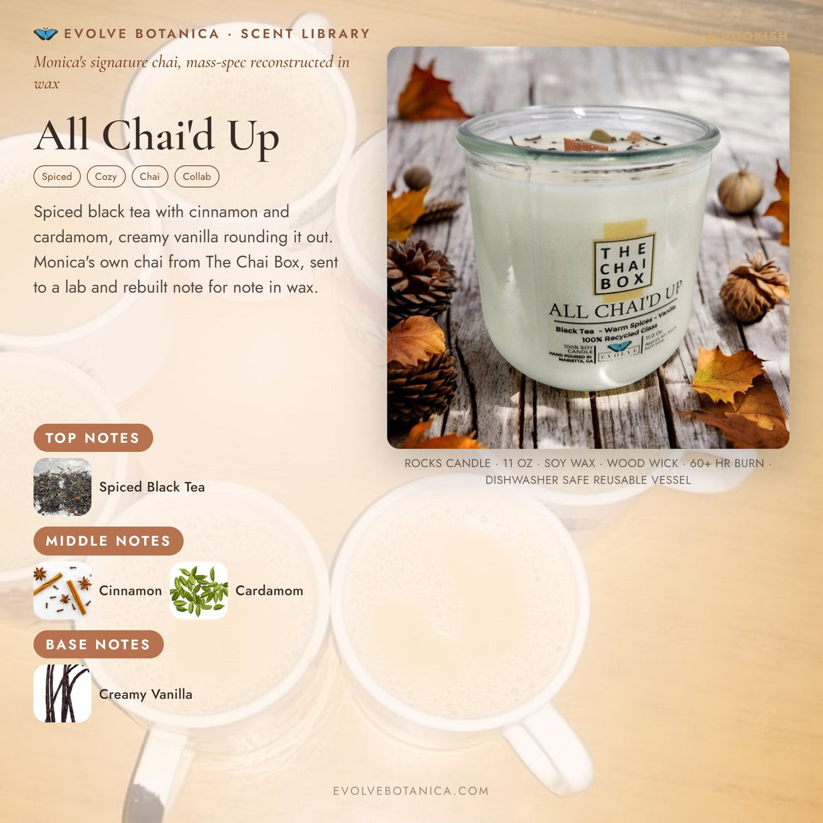 Evolve Botanica Rocks Candle Chai with gemstone accents and wood wick, soy candle in a decorative jar, perfect for cozy ambiance.