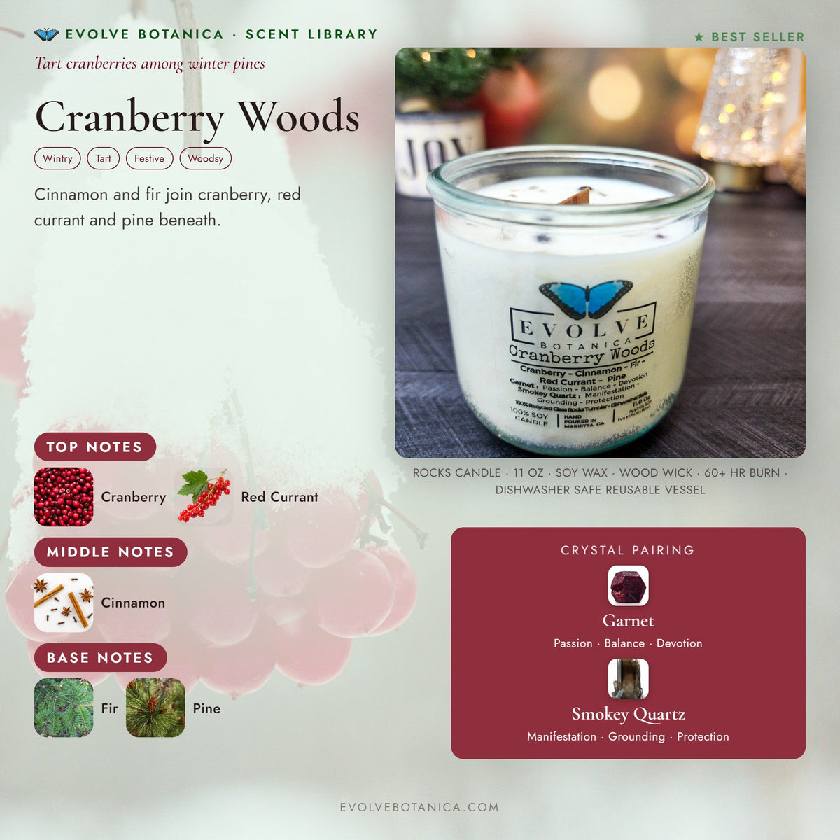 Evolve Botanica Rocks Candle Cranberry Woods with wood wick, garnet, and smoky quartz gemstones in a soy candle setting.