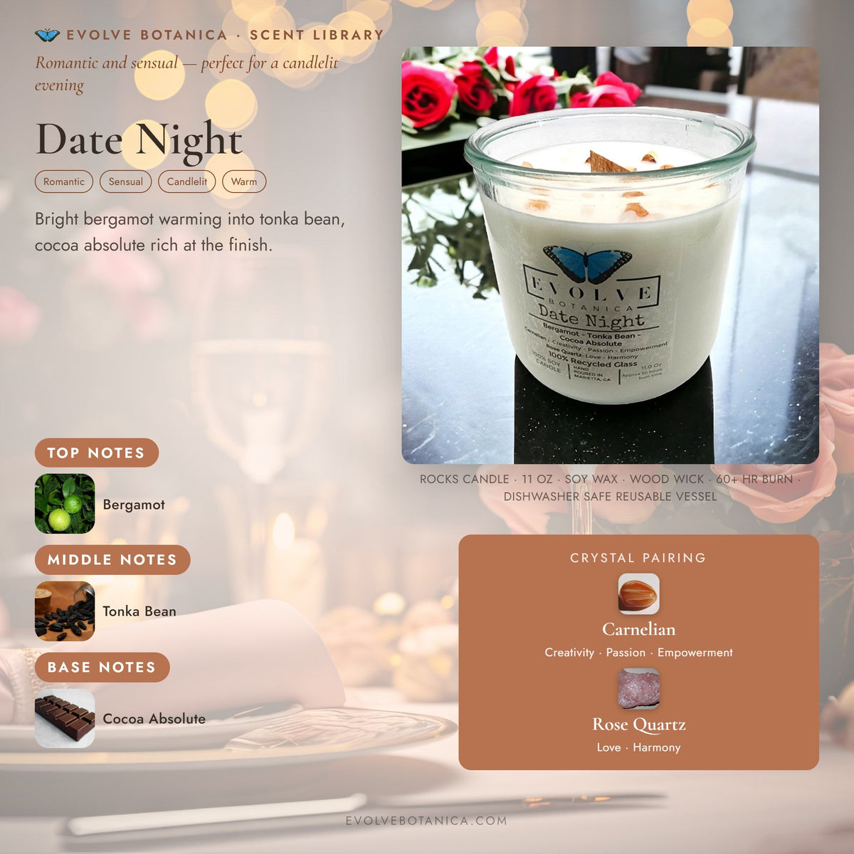Rocks Candle Date Night by Evolve Botanica featuring a rose quartz and carnelian gemstone soy candle with a wooden wick.