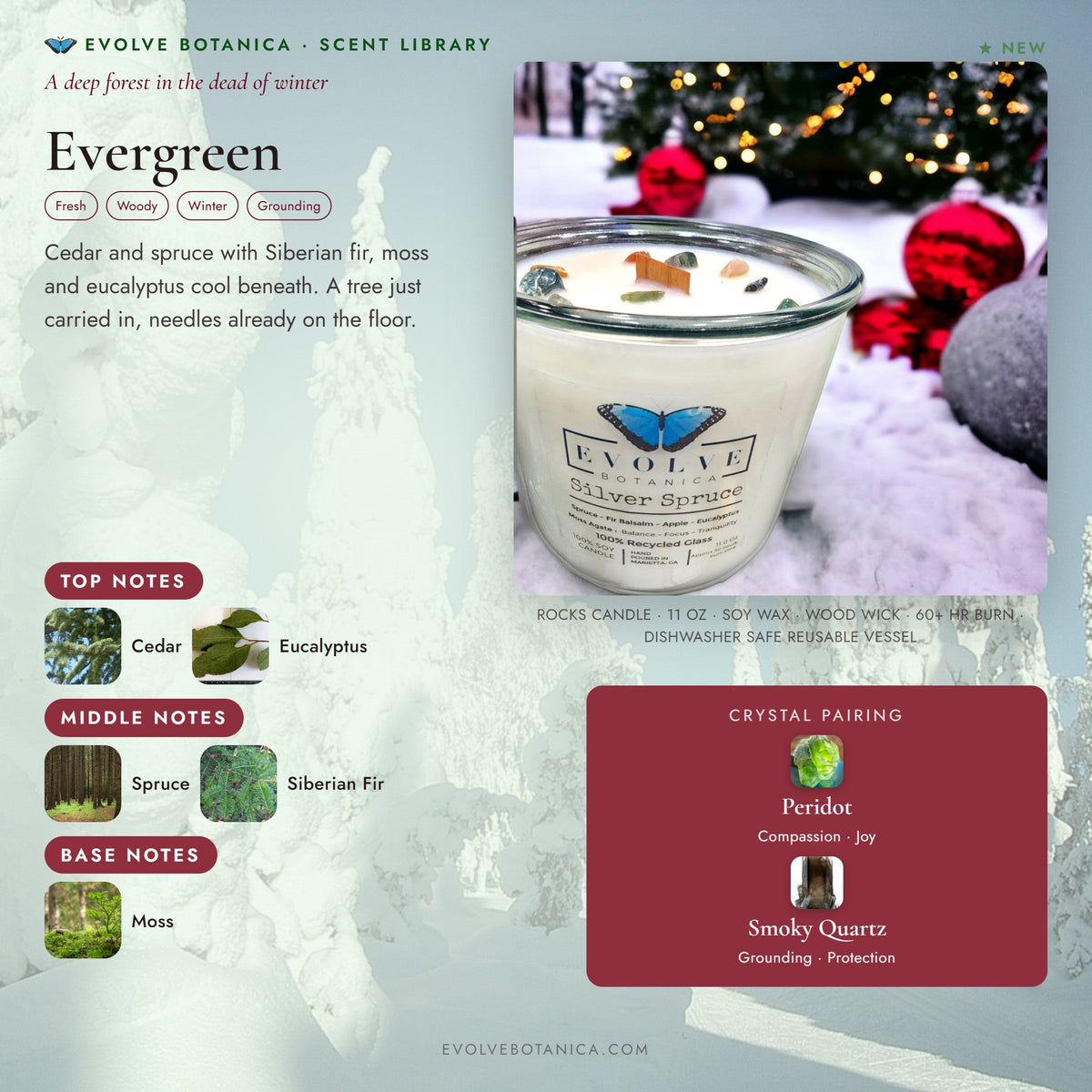 Evolve Botanica Rocks Candle Evergreen with wood wick, featuring peridot and smoky quartz gemstones in a soy candle.