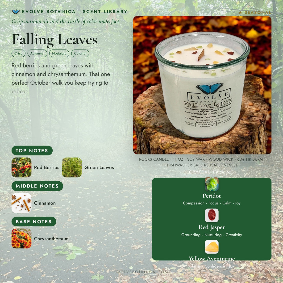 Evolve Botanica Rocks Candle Falling Leaves with wood wick, featuring Peridot, Red Jasper, and Yellow Aventurine gemstones in a soy candle