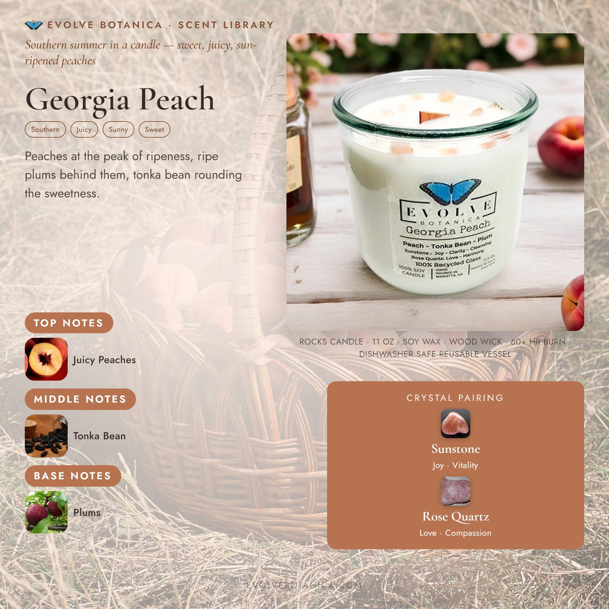 Evolve Botanica Rocks Candle in Georgia Peach scent with wood wick, gemstone soy candle featuring a peach-colored wax and decorative stones.