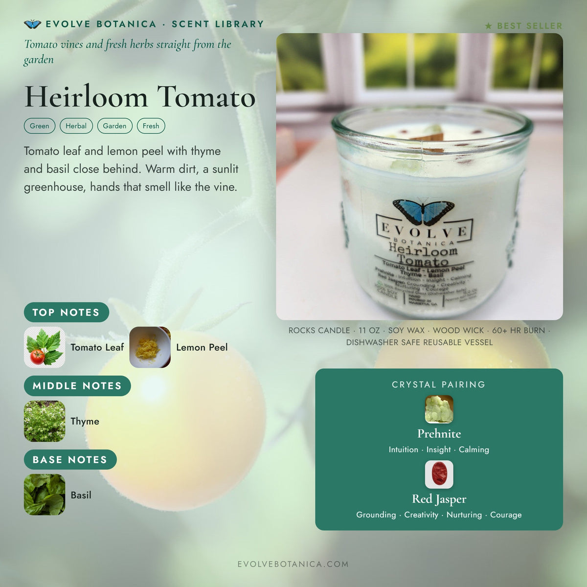 Soy candle by Evolve Botanica with heirloom tomato design, featuring wood wick, prehnite, and red jasper accents.