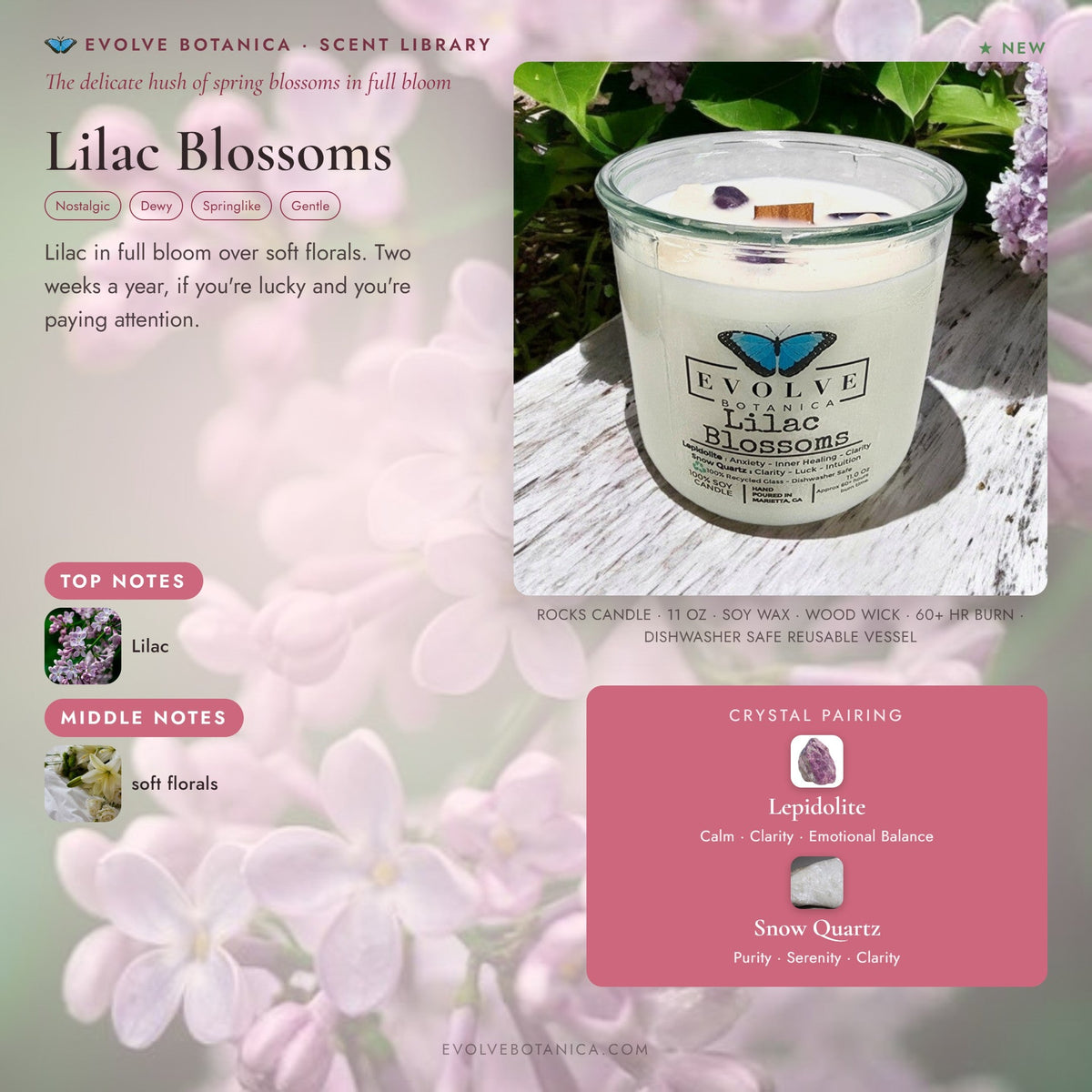 Evolve Botanica Rocks Candle Lilac Blossoms with wood wick and Lepidolite gemstone in a soy candle container.