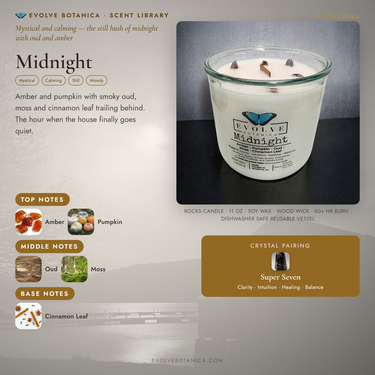 Evolve Botanica Midnight Rocks Candle with wood wick and seven gemstones in a dark-colored soy wax container.