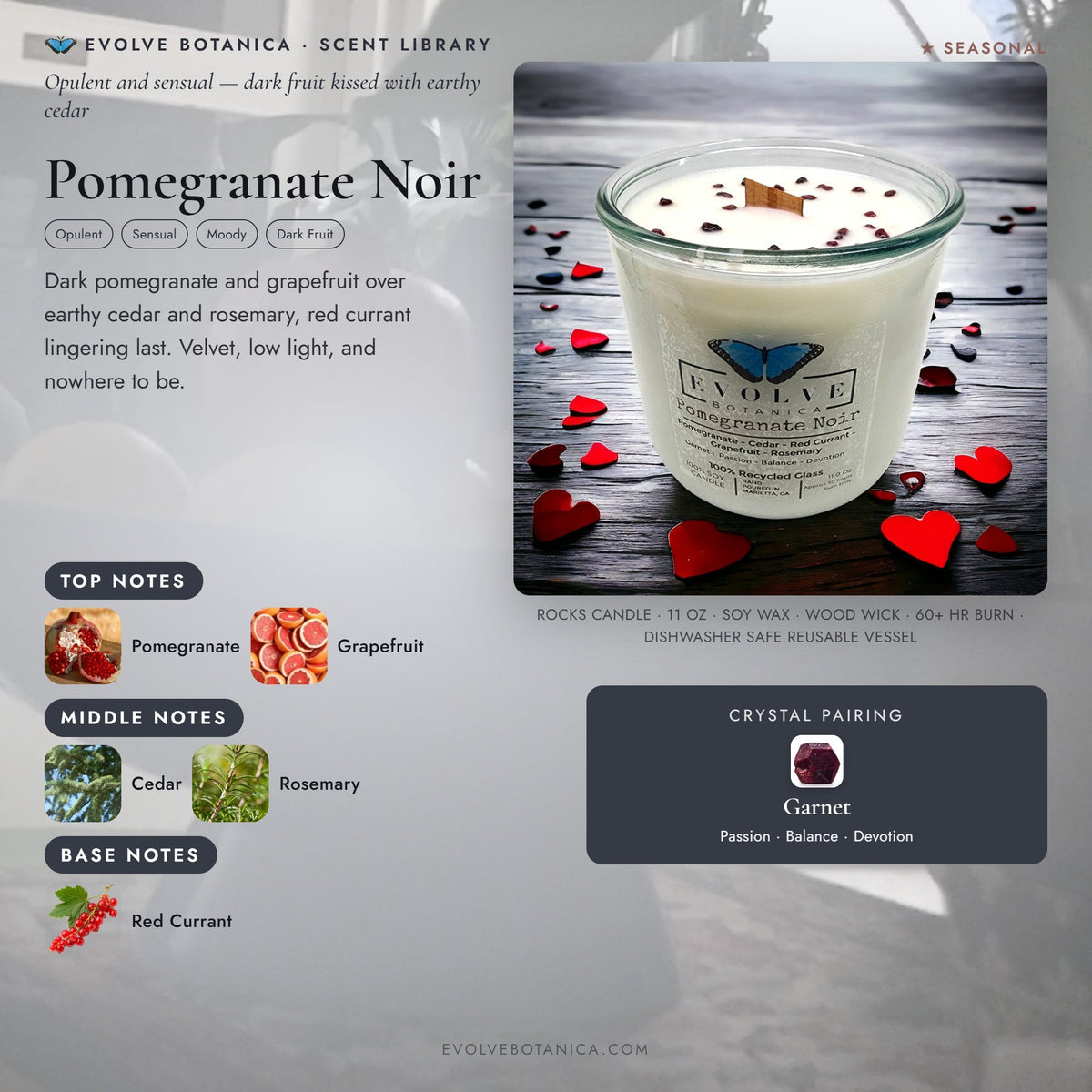 Evolve Botanica Rocks Candle with Pomegranate Noir scent, featuring a garnet gemstone and wood wick in a soy candle container
