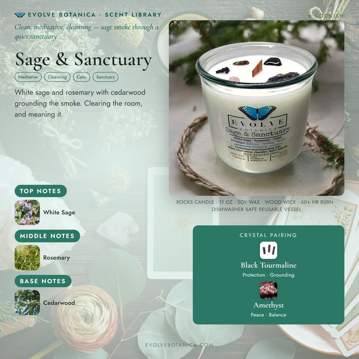 Evolve Botanica Rocks Candle Sage & Sanctuary with black kyanite, tourmaline, obsidian, amethyst, and labradorite crystals.