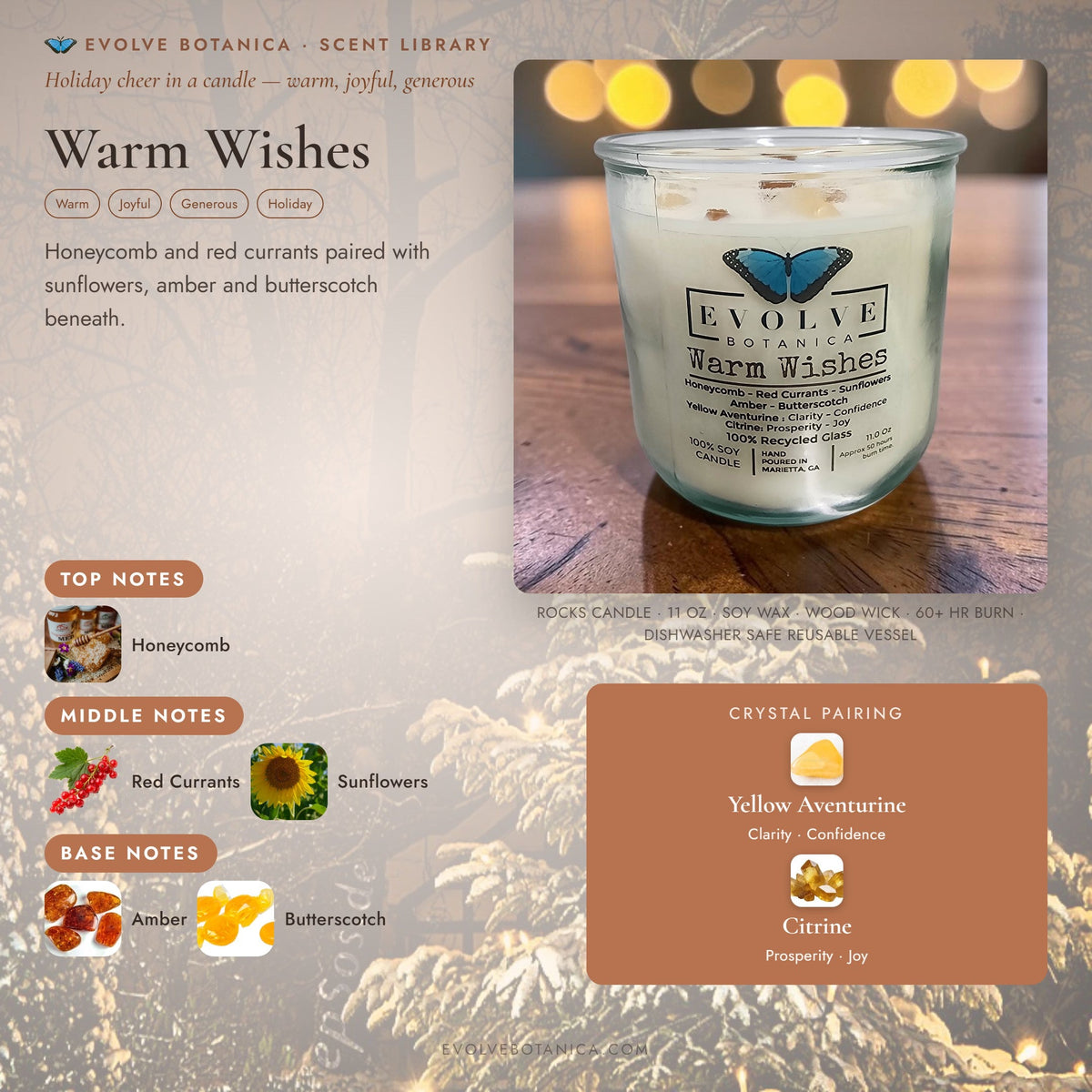 Evolve Botanica Rocks Candle Warm Wishes with wood wick, citrine and aventurine gemstones in a soy candle setting.