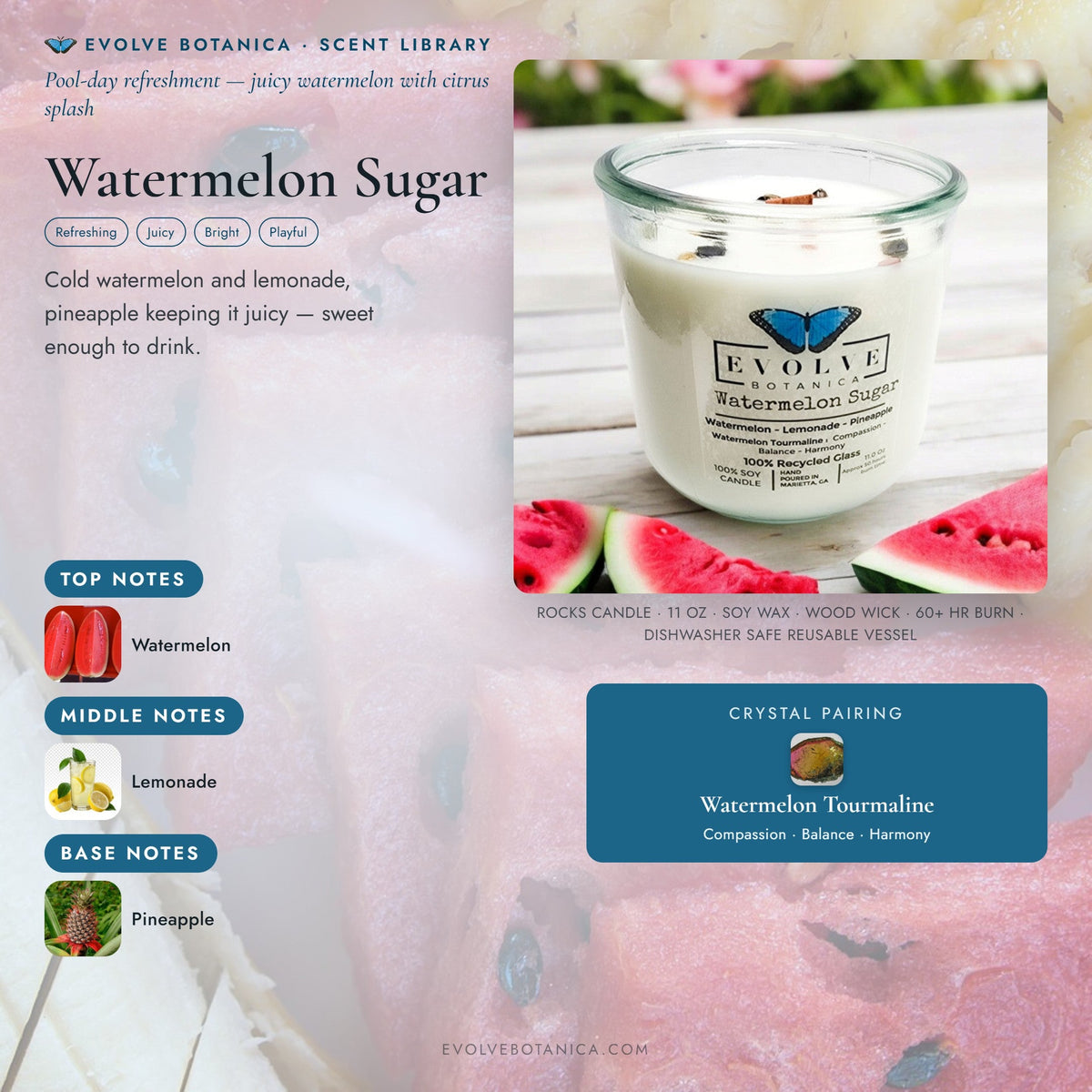 Evolve Botanica Watermelon Sugar Rocks Candle with wood wick and gemstone accents in a stylish glass jar.