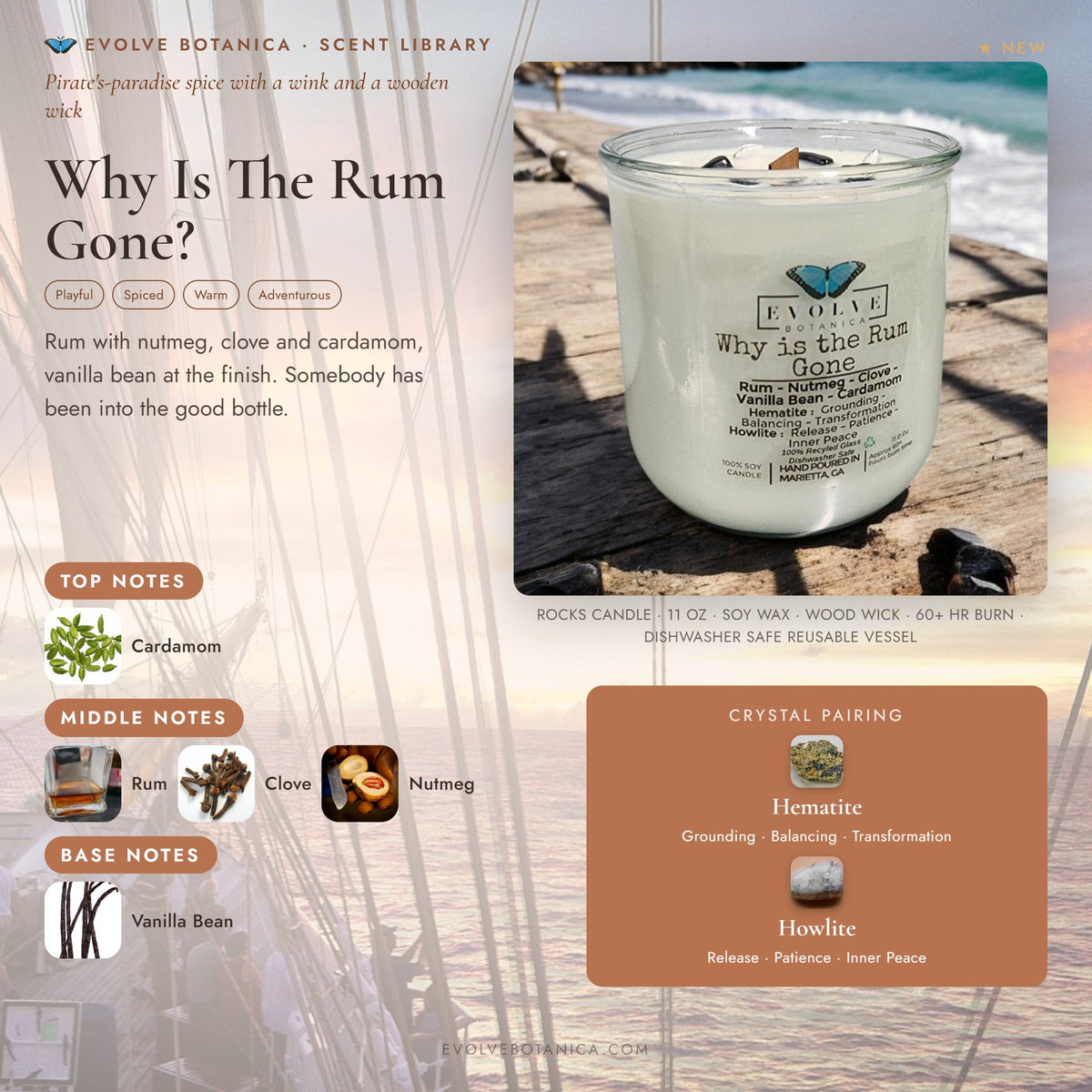 Evolve Botanica Rocks Candle "Why Is The Rum Gone?" with hematite and howlite stones, wood wick, grounding and calming elements.