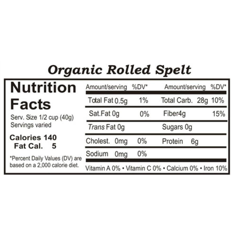 Organic rolled spelt grain in a 1 lb bag, non-GMO from Grain Place Foods, suitable for healthy cooking and baking.