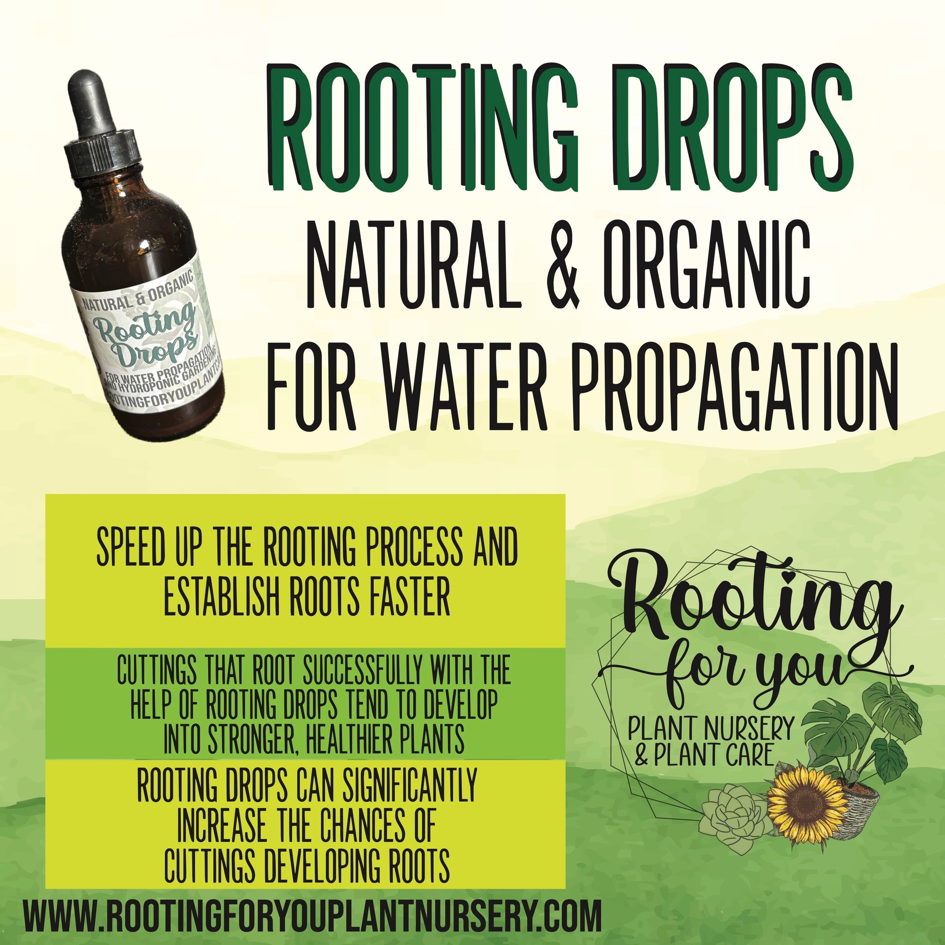 Organic vegan rooting drops by Rooting For You Plant Nursery, 4oz bottle for promoting healthy plant root development.