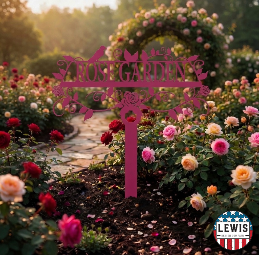 Pink rose-themed custom garden sign by Lewis Design Company, outdoor patio and garden art for rose gardens.