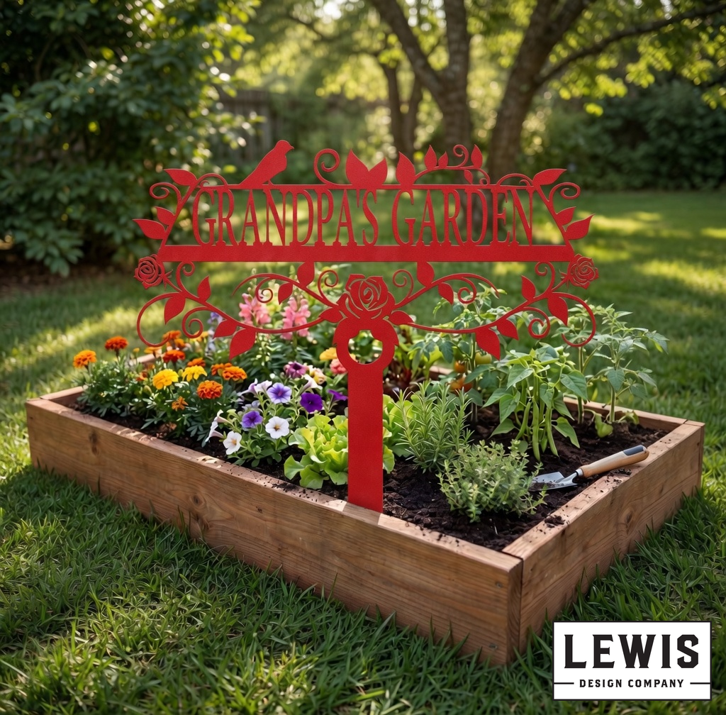 Custom garden sign by Lewis Design Company featuring a red rose design, ideal for outdoor patio and garden decor.