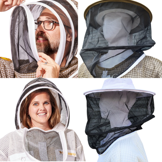 Round beekeeping veil by Foxhound Bee Company, protective fencing design with mesh for face and head protection during apiary work.