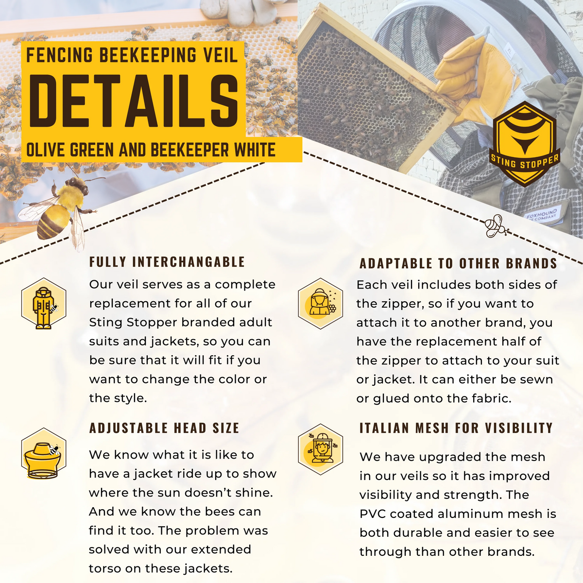 Beekeeping veil from Foxhound Bee Company, round fencing style, protective mesh face cover for beekeepers.