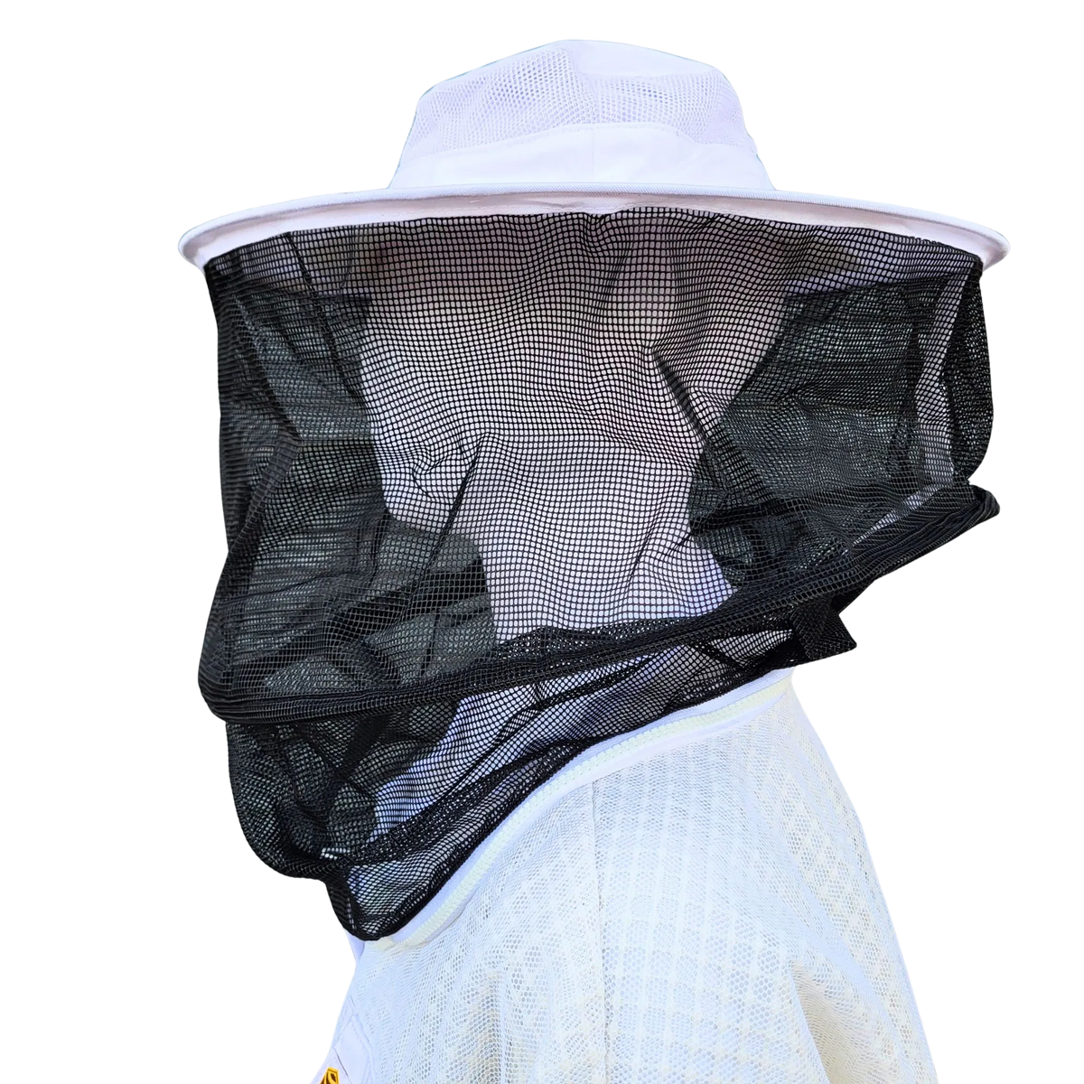 Round fencing beekeeping veil from Foxhound Bee Company, featuring protective mesh and adjustable fit for safe hive management.