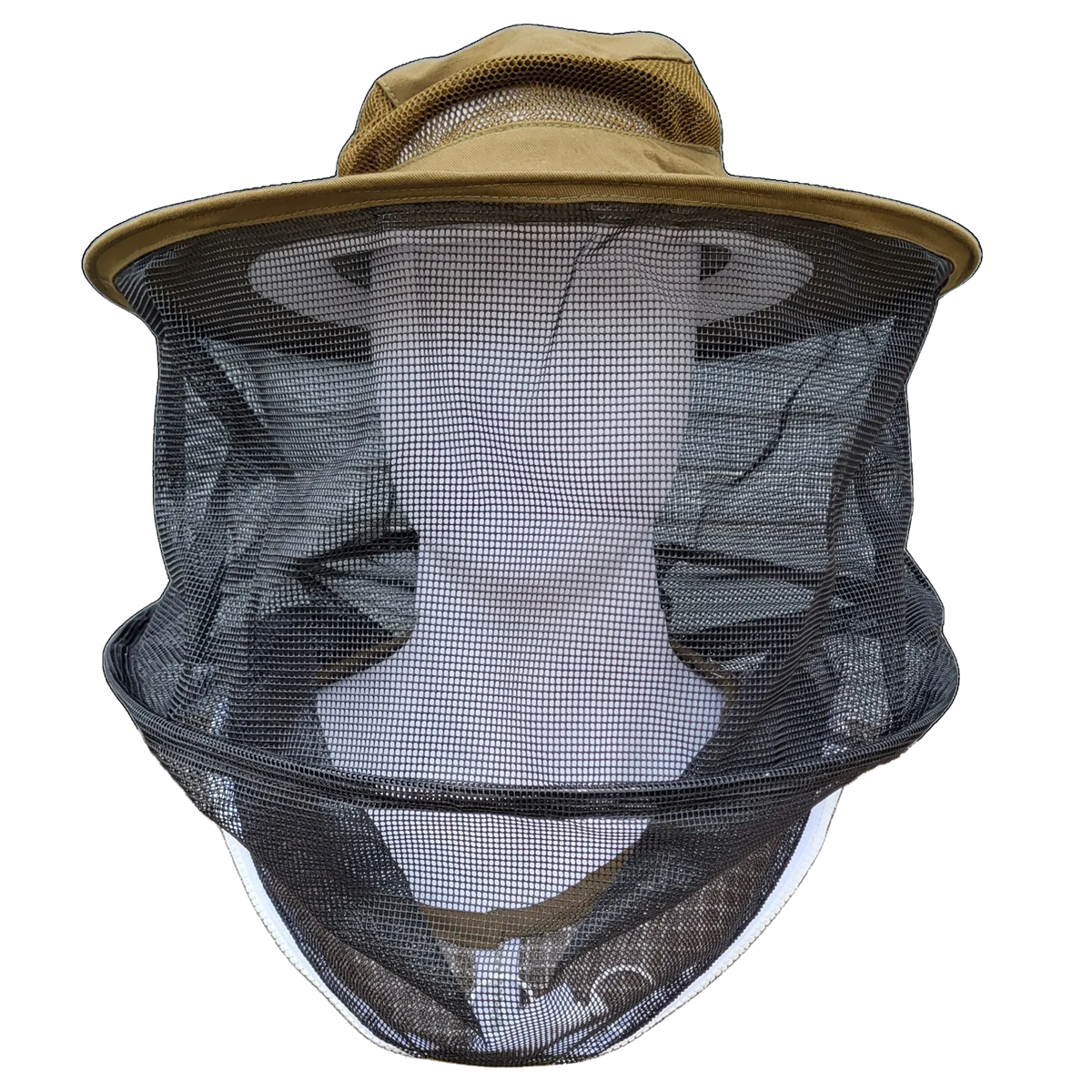 Round beekeeping veil by Foxhound Bee Company showing mesh face shield and protective collar for safe hive handling.