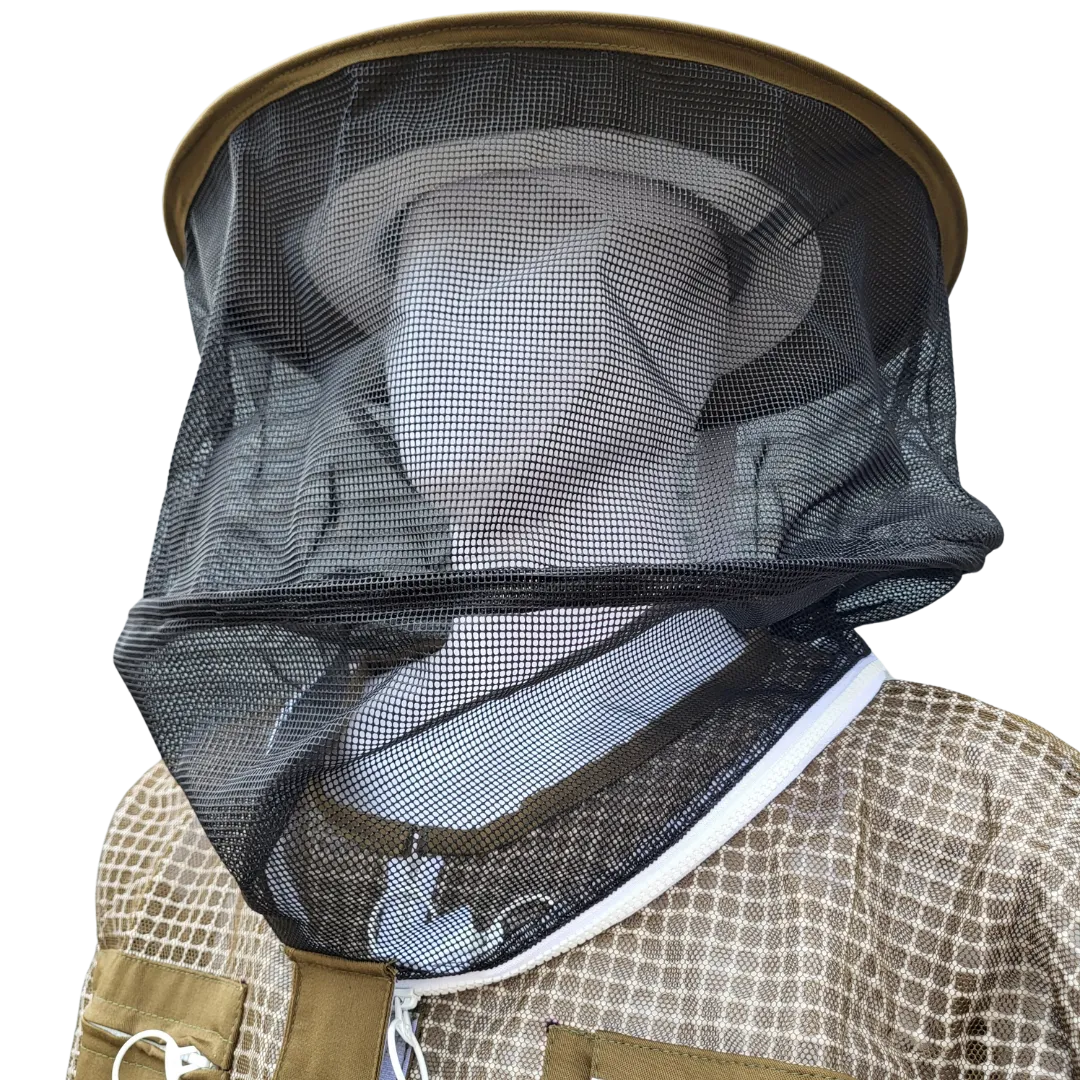 Ventilated round beekeeping veil by Foxhound Bee Company, protective fencing design with mesh for bee industry safety.