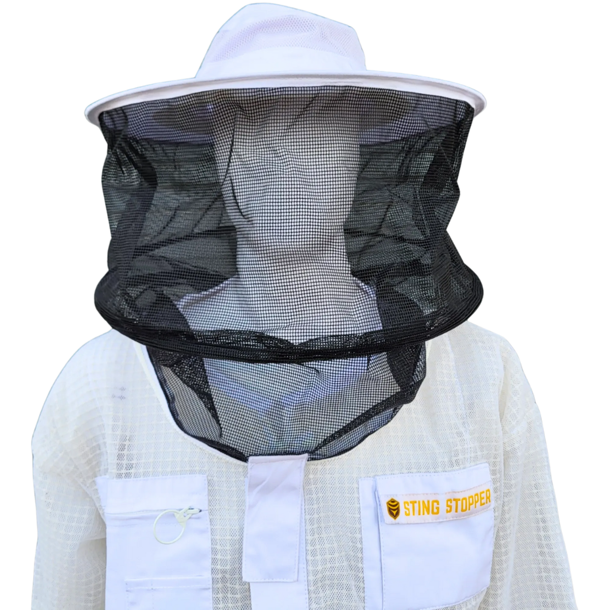 Foxhound Bee Company round beekeeping veil with ventilated mesh and protective fencing for safe hive management.