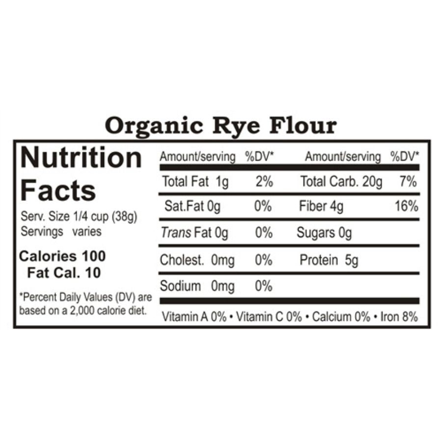 Organic rye flour in a 1.5 lb bag from Grain Place Foods, non-GMO, ready for baking or cooking.