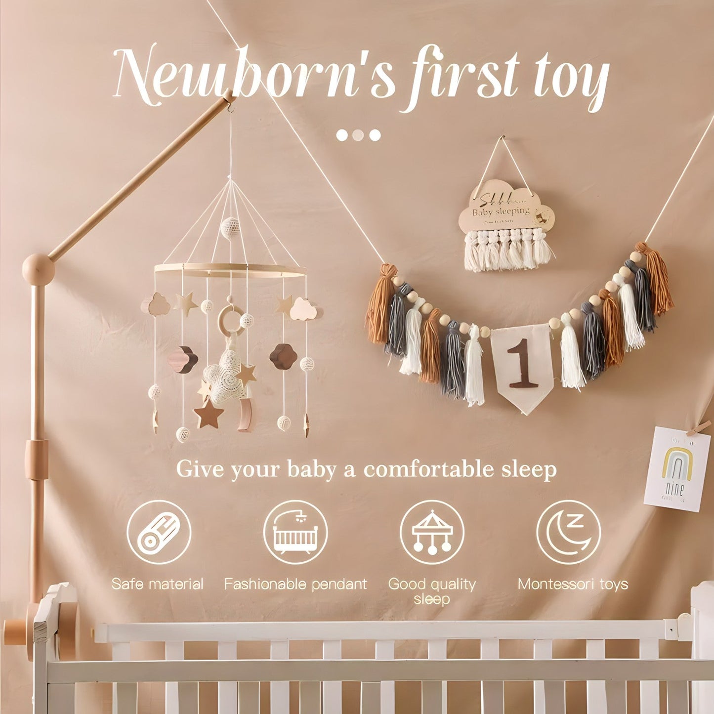 Wooden hanging mobile toys by Petite Pioneers with colorful animal figures, designed for baby's nursery decor and entertainment.