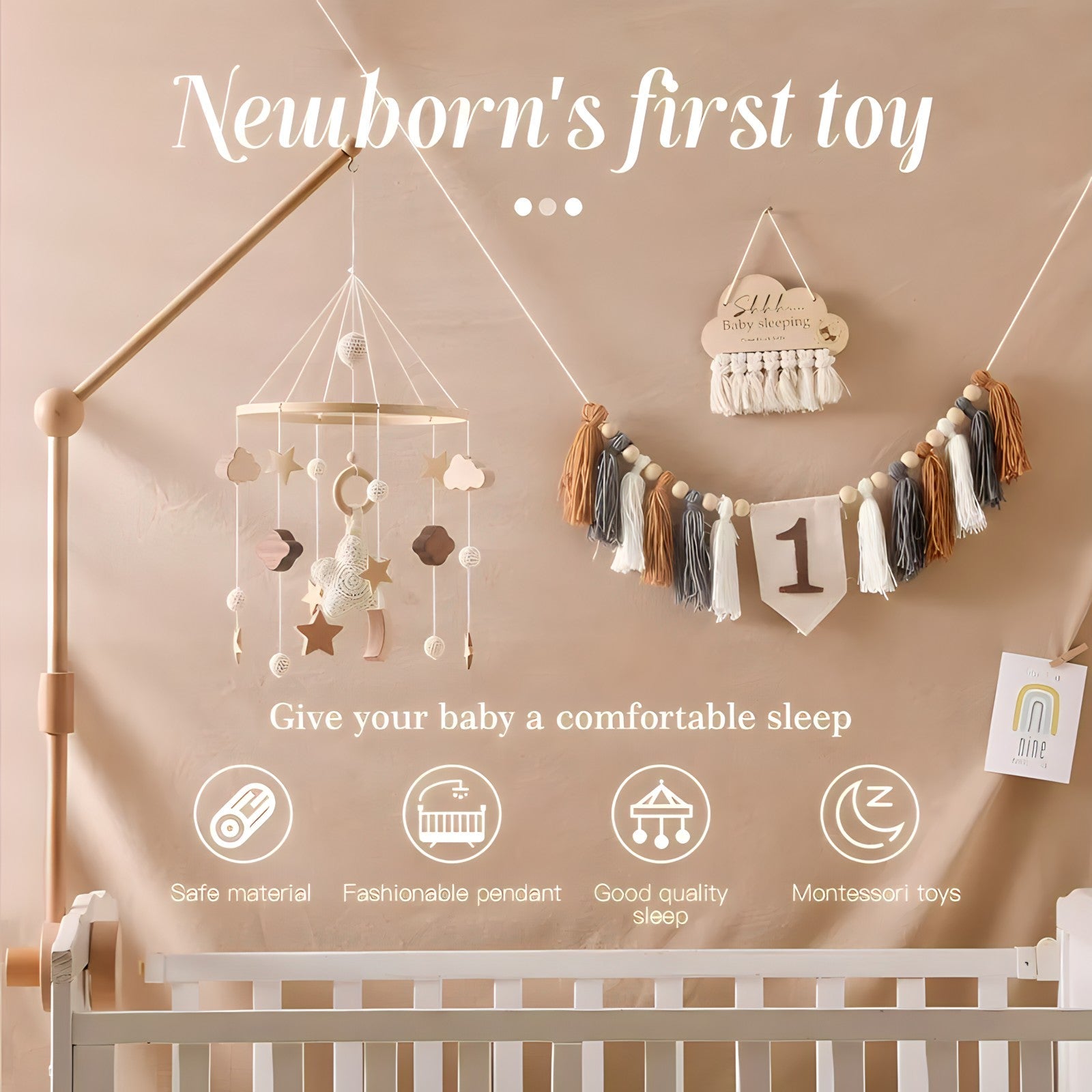 Wooden hanging mobile toys by Petite Pioneers with colorful animal figures, designed for baby's nursery decor and entertainment.