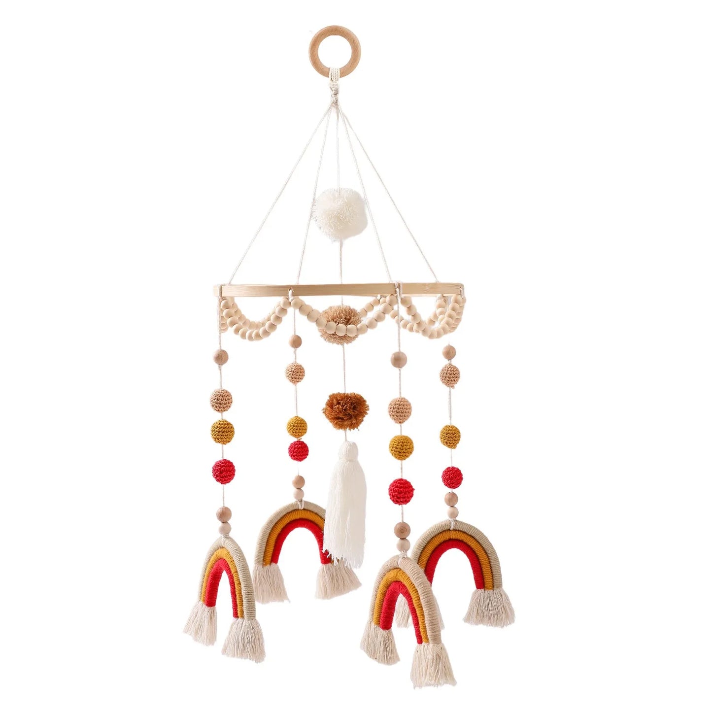 Wooden mobile hanging toys by Petite Pioneers featuring colorful, handcrafted wooden animals and shapes for nursery decor.