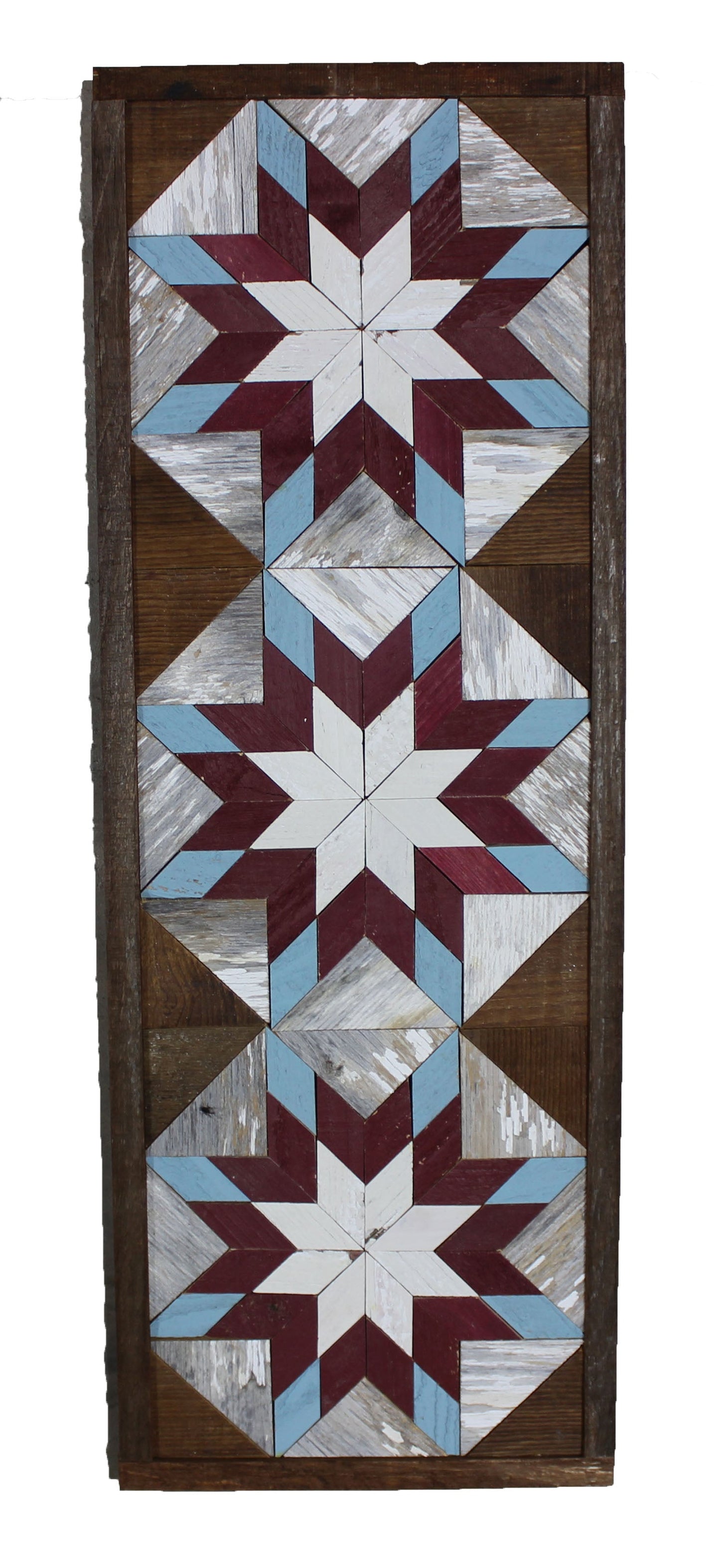 Amish Handmade Barn Quilt banner with colorful geometric pattern, measuring 10.5 x 30 inches, displayed outdoors on a barn wall.