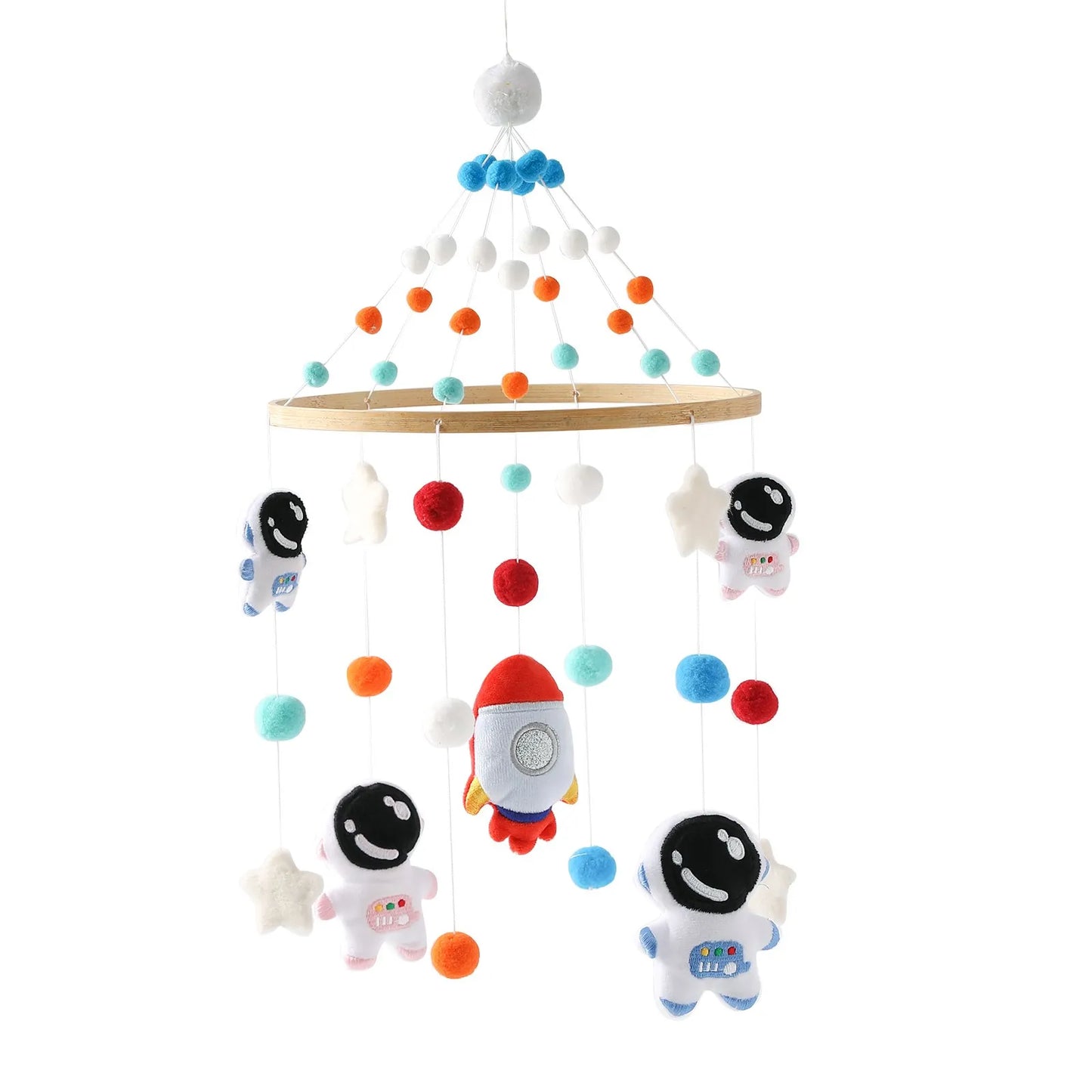 Wooden mobile hanging toys by Petite Pioneers with colorful animal and star shapes, designed for nursery decor and baby's entertainment.