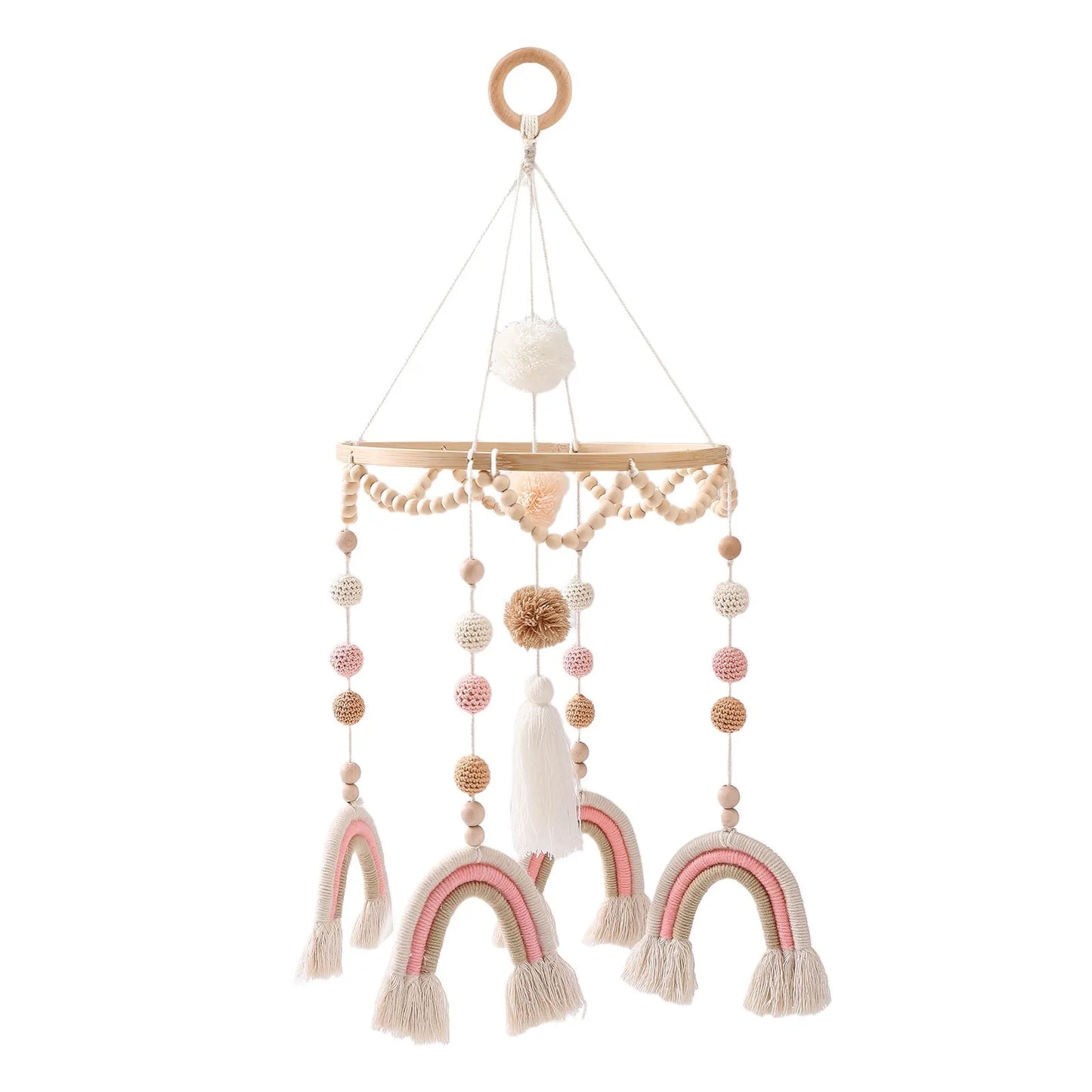 Wooden mobile hanging toys by Petite Pioneers, featuring colorful, handcrafted designs for baby crib decoration and sensory play