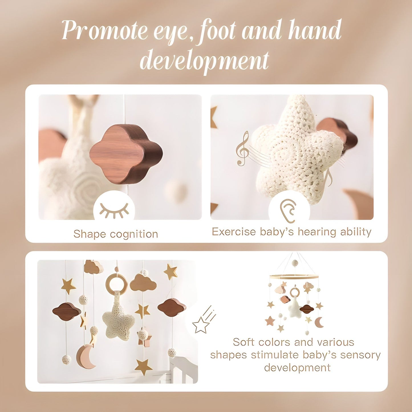 Wooden mobile hanging toys by Petite Pioneers featuring colorful, handcrafted wooden animals and shapes for nursery decor.