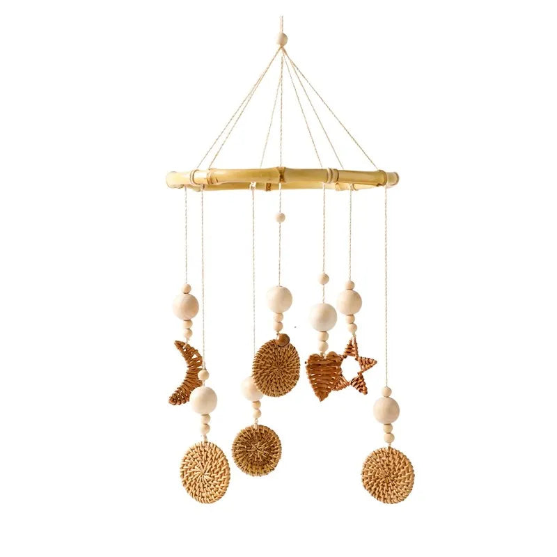 Wooden mobile hanging toys by Petite Pioneers, featuring colorful, handcrafted wooden animals and shapes for baby's crib decor.