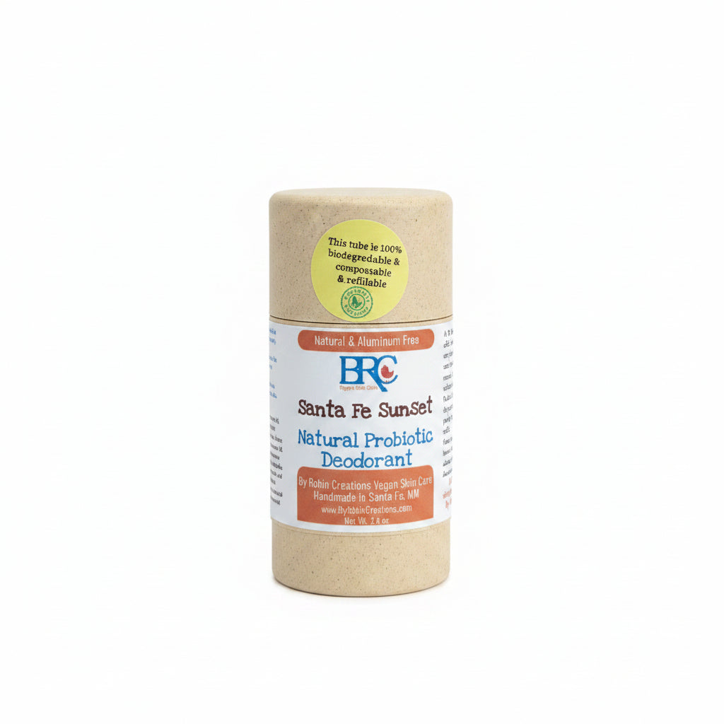 Natural probiotic deodorant tube by Robin Creations, eco-friendly packaging, designed for effective, fresh body odor control.