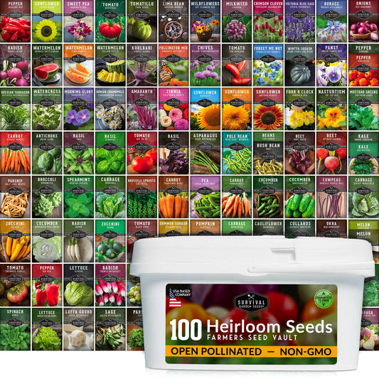 Complete Survival Garden Kit with 100 vegetable seeds from SurvivalGardenSeeds, ideal for growing food at home.
