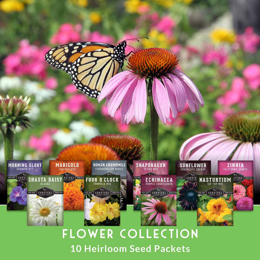 Assorted colorful heirloom flower seeds from SurvivalGardenSeeds, including annual and perennial varieties for pollinator gardens.