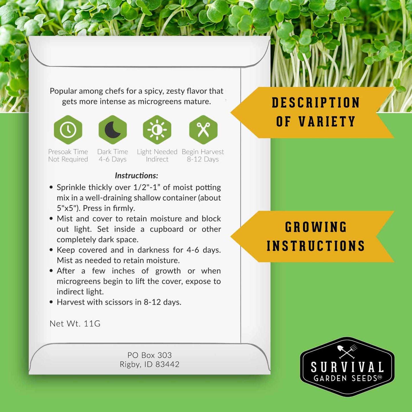 Assorted heirloom microgreens seeds pack by SurvivalGardenSeeds, non-GMO microgreens seed collection for indoor sprouting and nutrition.