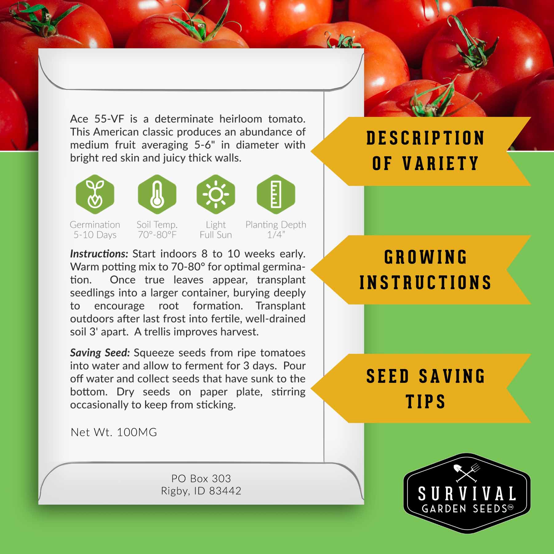 10 heirloom and garden tomato seeds collection from SurvivalGardenSeeds, includes varieties for slicing, sauces, canning, and fresh eating.